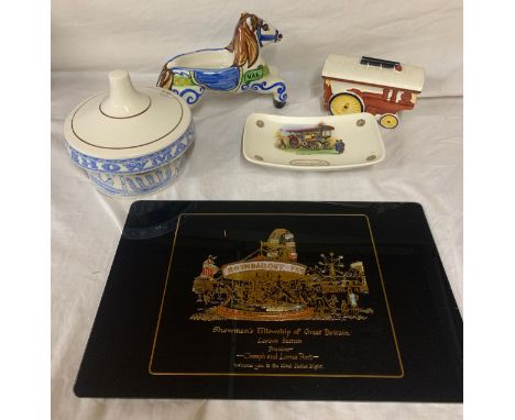 Showman's fellowship ceramics to include: Carousel horse, Withernsea Eastgate pottery dish, Crown Devon steam engine 14cm w, 