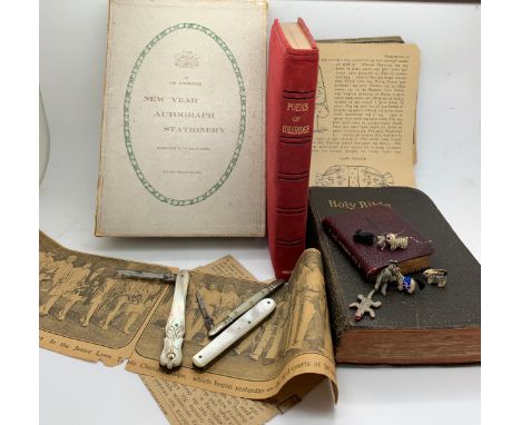 Miscellany to include Holy Bible, mother of pearl pen knives, hand sewn miniature animals, The Christian Year Poems of Coleri