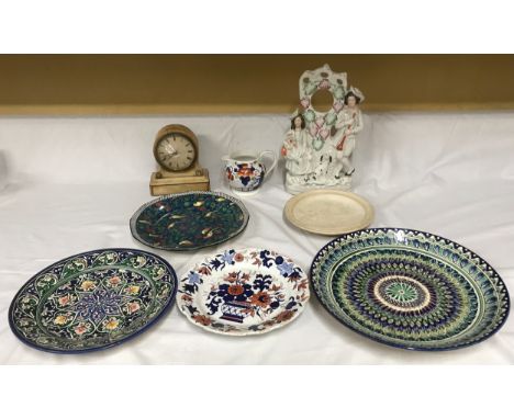 Mixed selection, Staffordshire flatback watch stand 32cm h, marble mantle clock Brevette movement, Allerton jug, decorative w