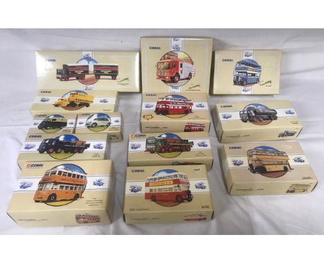 Boxed Corgi models, buses, trucks, car and fire engine, 13 assorted models.Condition ReportMint and boxed.