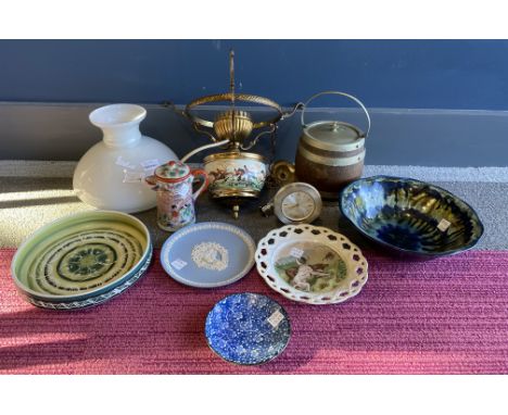 A miscellany to include electric oil lamp depicting hunting scene with white shade, Westclox clock, Wedgwood jasperware dish,