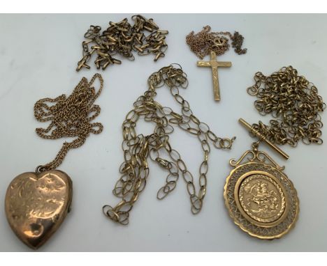 A 9ct gold chain pendant, chain necklace, crucifix on 2 chain necklaces and heart pendant on chain. Total weight 27.6gm.Condi
