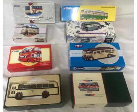 Corgi diecast model buses, double deckers and coaches and a street car including 35006 Beatles collection AEC route master an