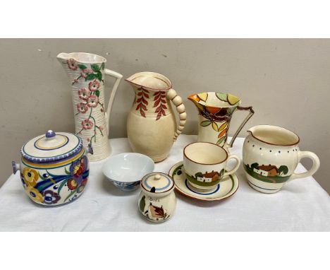 A selection of ceramics to include: Poole biscuit barrel 16cm h, Maling vase 27cm h, Myott Son &amp; Co jug, Crown Ducal jug 