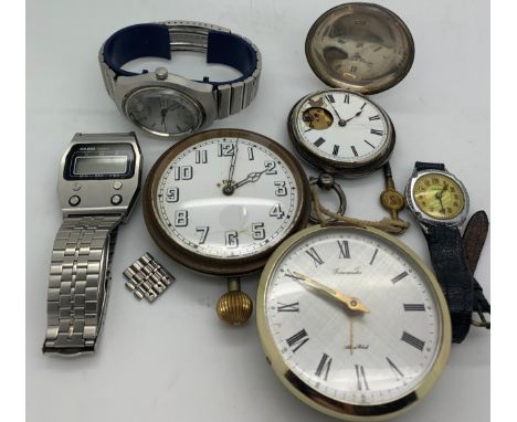 Various wrist and pocket watches to include Timex, Casio and Medana wrist watches and a silver cased pocket watch at fault.Co