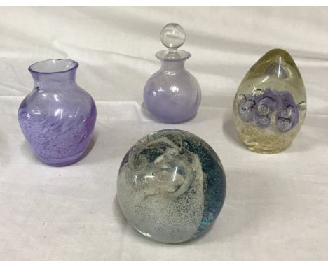 Four glass items to include 2 x paperweights, one Caithness splashdown and two vases, one with stopper.Condition ReportSmalle