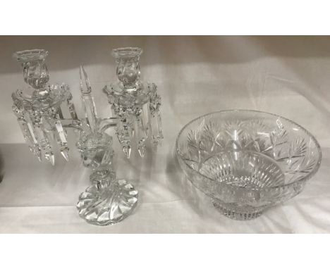 One Baccarat Crystal Candelabra and one Georgian Cut Royal Doulton Crystal BowlCondition ReportCandelabra, middle section loo