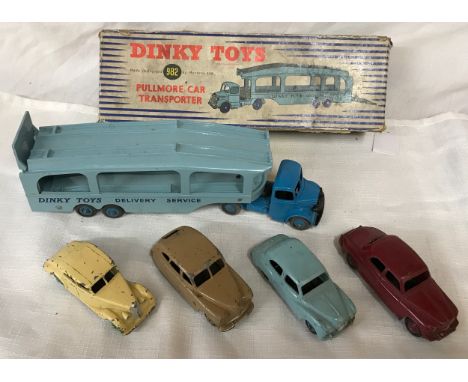 Dinky Pullmore Car Transporter(982) boxed with 4 vehicles , Vanguard, Riley, Rover 75 and Austin Somerset truck.Condition Rep