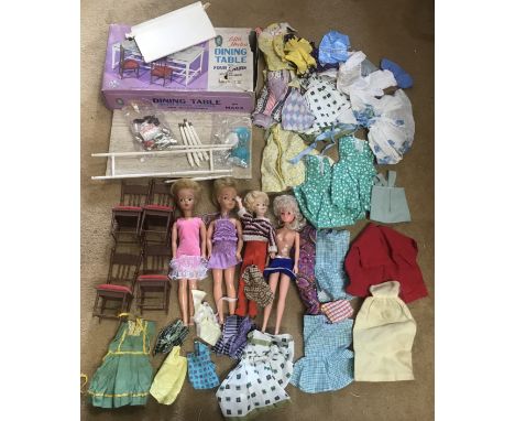 Marx Toys, Little Hostess dining table and 4 chairs, boxed, four plastic dolls and a selection of handmade dolls clothing, ta