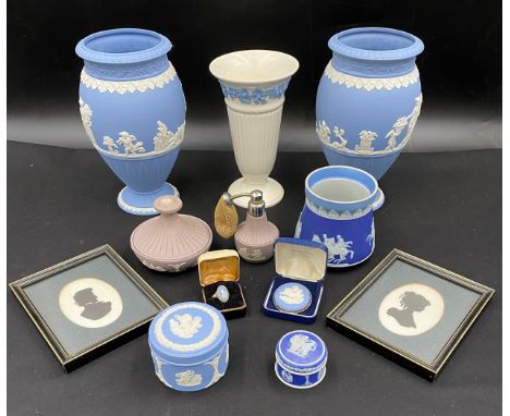 A selection of Wedgwood Jasper ware to include a pair of vases 20cm h, 3 lidded trinket pots, jar,a brooch, ring and perfume 