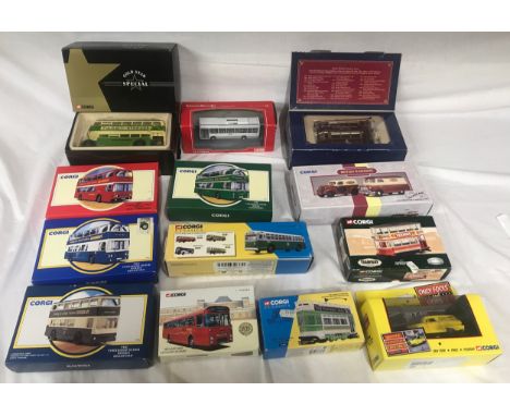 Corgi diecast boxed x 13 models, buses, double deckers, coaches, trams, Corgi British railway Ford Popular van and Bedford CA