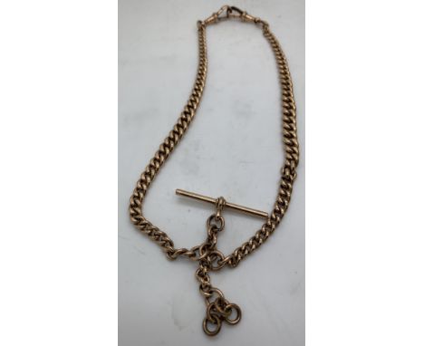 A 9 carat gold chain and T bar. 45.7gm. 44cm l. 4 rings not gold. Good condition. Dog clips and t-bar stamped'B&S' and all st