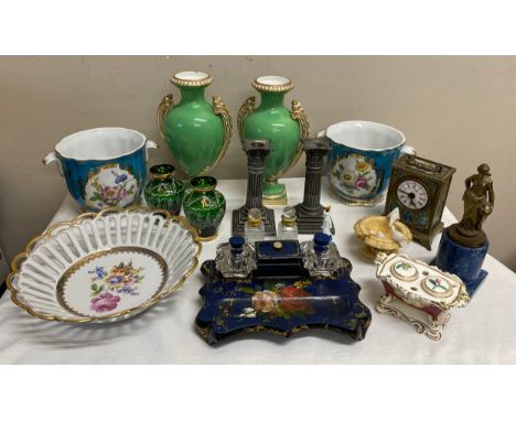 A miscellany to include Continental ceramics, encrier, pair jardiniere, carriage clock,brass figure etc.Condition ReportMany 