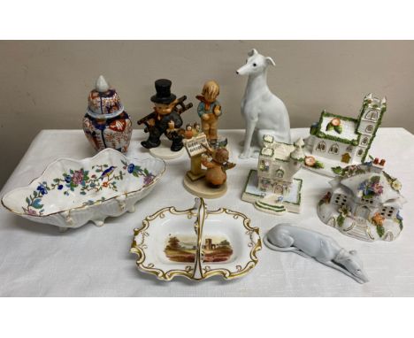 Miscellaneous ceramics to include 2 Coalport cottages, 2 dogs, Goebel figures, Aynsley dish etc.Condition ReportChip to Imari