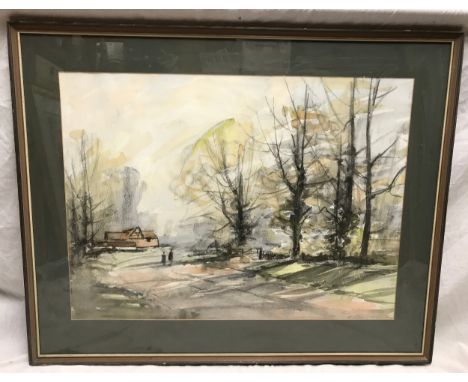 Aubrey R Phillips watercolour painting of wooded country scene with house to background and signed lower right. Picture 52 x 