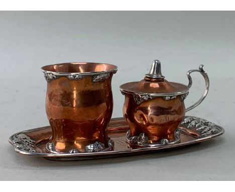 RARE JOSEPH HEINRICHS HAMMERED COPPER & WHITE METAL MOUNTED SMOKER'S SET, American c. 1905, with oakleaf ornament, comprising