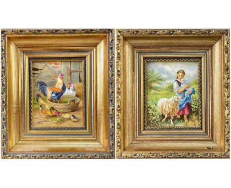 TWO PAINTED PORCELAIN PLAQUES, probably Royal Worcester, depicting chickens, cockerel and chicks in a stable in the style of 