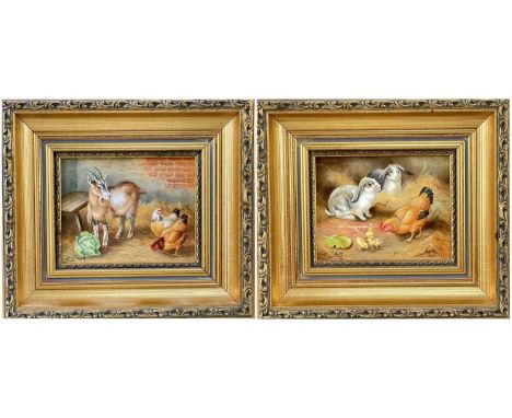 TWO PAINTED PORCELAIN PLAQUES, probably Royal Worcester, depicting farm animals in a stable in the style of Edgar Hunt, signe