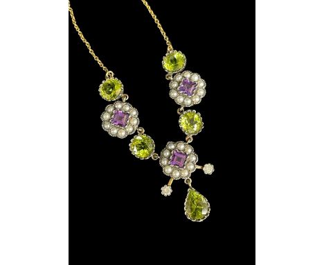 9CT GOLD SUFFRAGETTE-STYLE PEARL &amp; GEM-SET NECKLACE, amethysts, seed pearls, peridots and two small diamonds