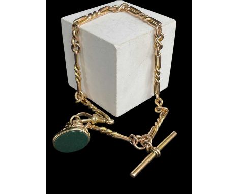 9CT GOLD FANCY LINK ALBERT CHAIN, with T-bar, claw clip and bloodstone seal fob, 36cm long overall, gross wt. appr. 38.3g
