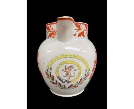 RARE SWANSEA PEARLWARE JUG OF ABERYSTWYTH INTEREST, c. 1810, transfer full Mandarin decoration to body, below the spout a cre