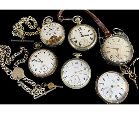 ASSORTED OPEN FACED POCKET WATCHES, silver or nickel, including French Hebdomas patent watch with enamel dial and visible bal