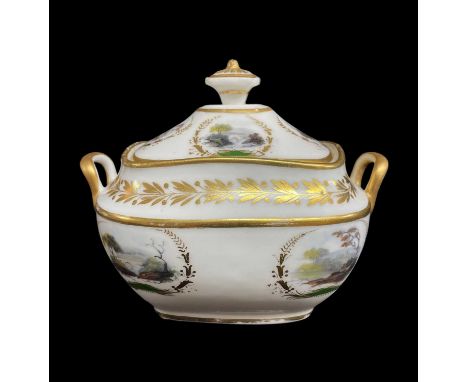 RARE SWANSEA GLASSY PASTE PORCELAIN SUCRIER &amp; COVER, circa 1815-1817, of rectangular form with twin-handles and silver sh