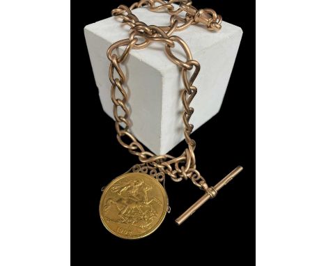 9CT GOLD ALBERT WATCH CHAIN, curb link with T-bar and scroll mounted Edward VII double sovereign dated 1902, 48.5gms grossPro