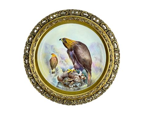 HAND PAINTED PORCELAIN DISH, probably Coalport, depicting a golden eagle with rabbit prey, signed J. R. Budd, (ex Coalport ar