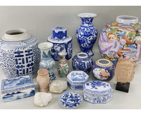 ASSORTED ORIENTAL PORCELAIN, STONE SCULTURE &amp; POTTERY, including modern Chinese blue and white jars and vases, two small 