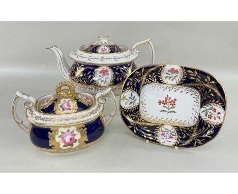 EARLY 19TH CENTURY CHAMBERLAIN WORCESTER TEAPOT, COVER & STAND, painted with floral panels, dark blue ground with gilt decora