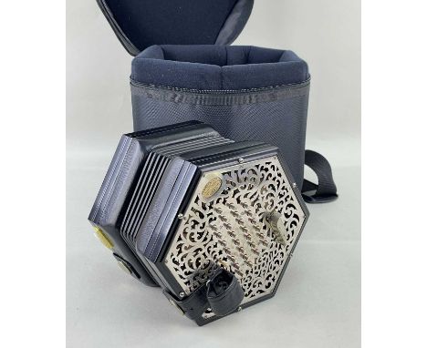 LACHENAL 56 BUTTON 6-FOLD BELLOWS CONCERTINA, with pierced metal ends, retailed by Harry Boyd, Lachenal oval label, comes in 