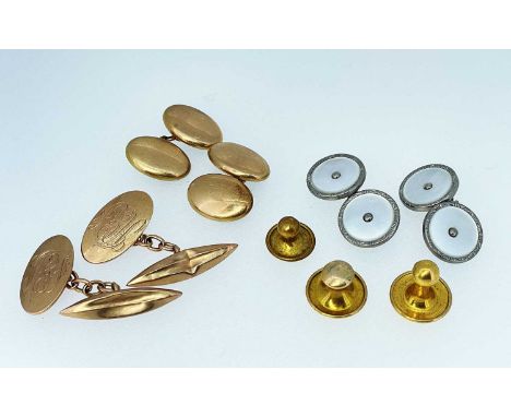 THREE PAIRS GOLD & OTHER CUFFLINKS, in 9ct and 10ct, and steel/mother of pearl, together with three rolled gold collar studs,