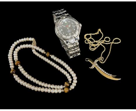 TWO NECKLACES &amp; A WRISTWATCH, comprising freshwater pearl and tiger's eye necklace to 14ct gold clasp; Italian plated sci