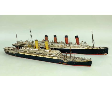 TWO WATERLINE 1in:50ft SCALE MODELS, comprising Q.S.S. 'Mauritania', 40cm, and Orient Line passenger ship 'Orford', 33cm, by 