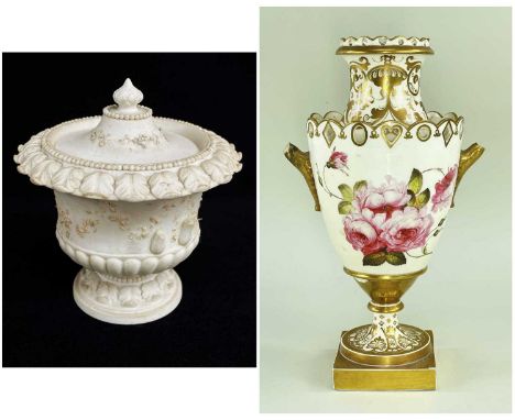 RARE SWANSEA DILLWYN & CO BISCUIT PORCELAIN VASE & COVER circa 1814-1817, of urn-shape with lid, modelled in the Classical st