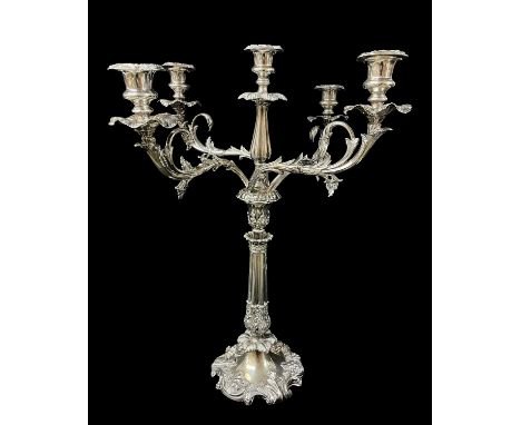 LARGE ELECTROPLATED FIVE-LIGHT CANDELABRUM, with 4 scrolled acanthus leaf arms supporting nozzles chased with leaves and frui