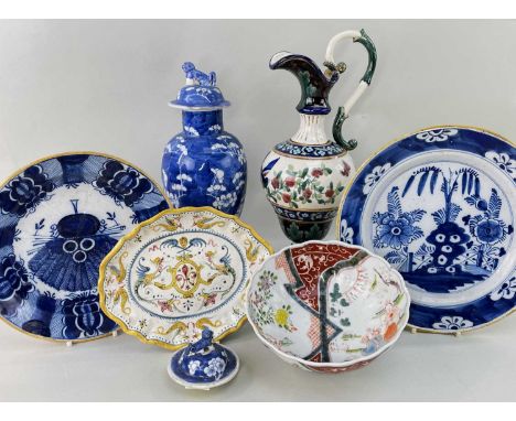 GROUP OF ASIAN & CONTINENTAL CERAMICS, including Dutch De Clauw delft peacock dish, similar Dutch delft Chinese garden dish, 