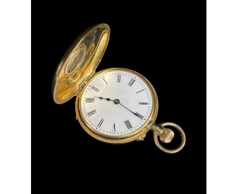 18CT GOLD LADIES HALF HUNTER FOB WATCH, with pink guilloché & blue enamel Roman chapter ring to the cover, white enamel dial 