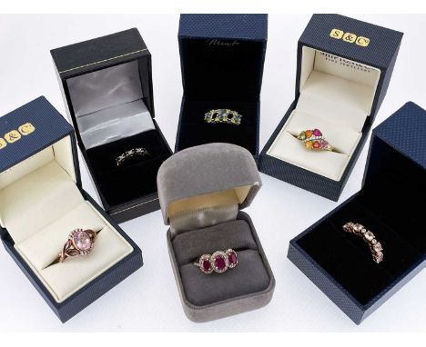 SIX 9CT GEM SET RINGS, including an oval morganite ring, six-stone multi-colour gem ring, 3-stone ruby ring, tot gross wt. 17