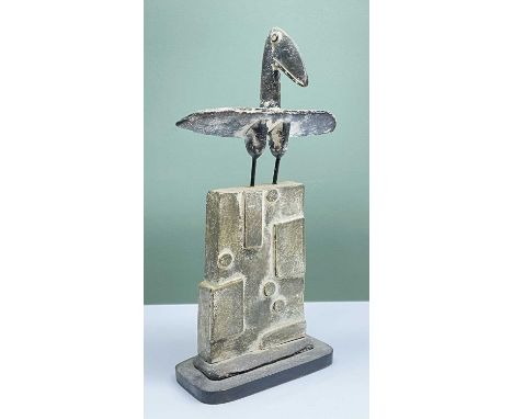 JOHN MALTBY (British, 1936-2020) stoneware and metal sculpture - entitled to base 'Seabird and Wall', signed, 35cms highComme