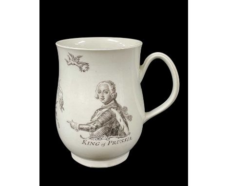 WORCESTER 'KING OF PRUSSIA' PORCELAIN TANKARD, c. 1757, of bell shape, printed in black with a half length portrait above the