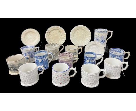 GROUP OF 19TH CENTURY WELSH POTTERY MUGS including two ‘frog’ mugs, four daisy moulded mugs with saucers, etcComments: noted 
