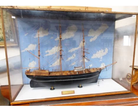 20th Century scratch built model of a three mast barque, width 37', within oak framed Perspex case.