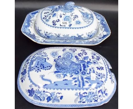 Spode blue and white transfer printed 'cricket' pattern platter together with two 'cricket' pattern tureen lids