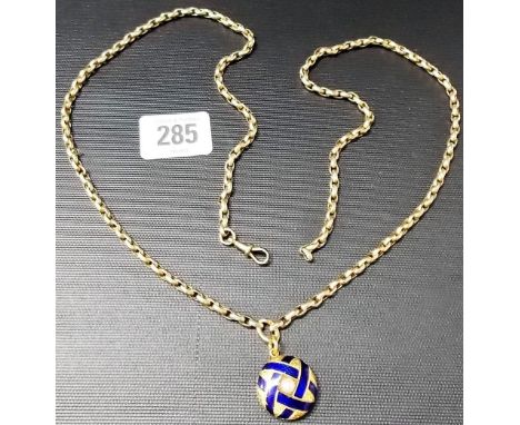 9ct gold Belcher link long guard chain, marked 9ct, applied with a gold and blue enamel split pearl set locket pendant of int