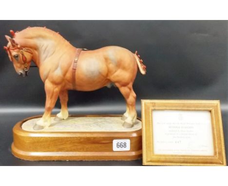 Royal Worcester Suffolk Stallion modelled by Doris Lindner, Limited Edition No. 447/500, wooden base, Certificate, width 11.5
