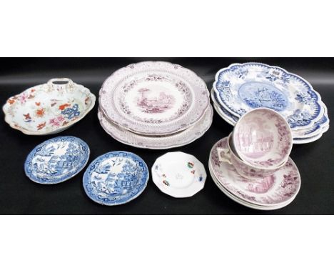 Various 19th Century transfer printed pottery plates, dishes and a pair of puce printed teacups and saucers