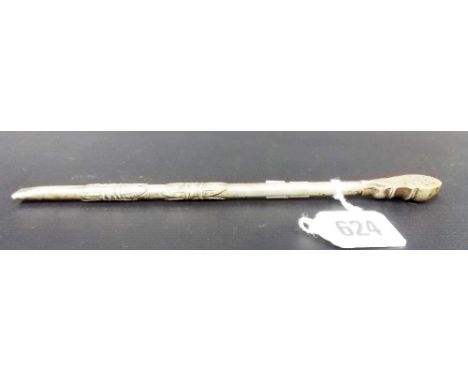 Chinese white metal opium pipe with pierced end, length 8'
