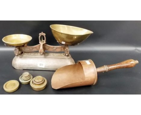 Vintage shop scales with brass trays and eight stacking weights, together with a copper scoop with wooden handle Provenance -